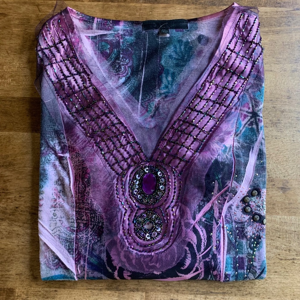 BLEU Beaded Jewel-Tone V-Neck Tunic | Tie-Dye | Size PL